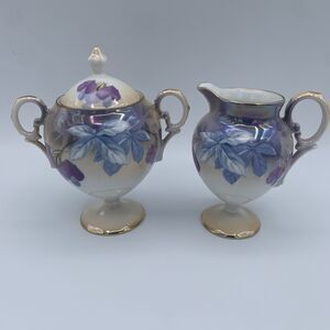 RS Germany Porcelain Creamer Sugar Set Gold Trim Iridescent Floral Vintage